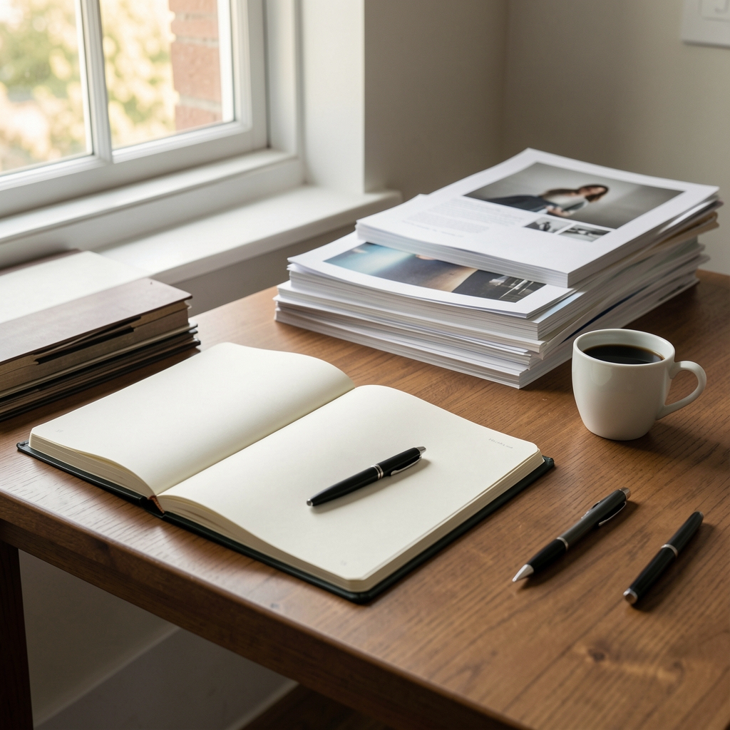 Editorial workspace with open notebooks, reference materials stacked neatly, a cup of black coffee, and natural morning light filtering through a window