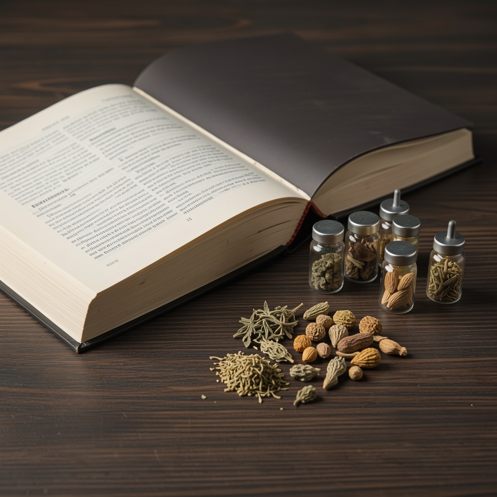 Scientific reference books open alongside small glass vials and dried adaptogenic herb specimens under controlled studio lighting on a dark wooden surface