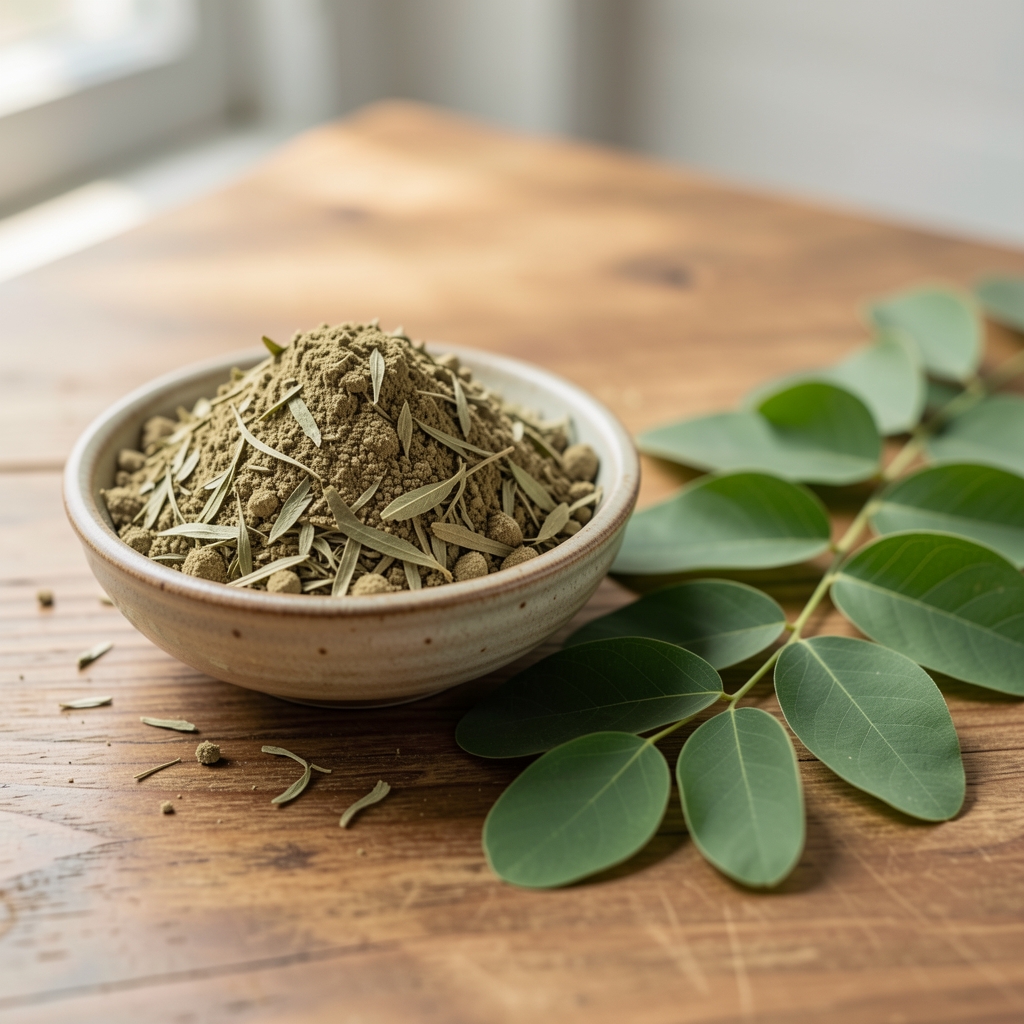 Close-up of dried moringa leaf powder in a small ceramic bowl beside fresh moringa leaves on a wooden surface under natural daylight in a clean workspace