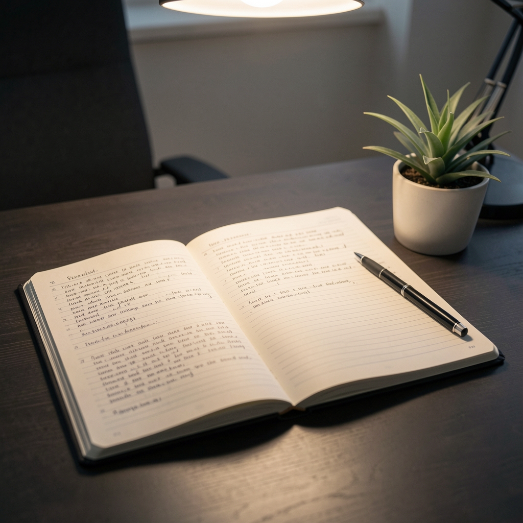 Dark editorial desk surface with open research notebooks, a pen, and a small plant under soft focused overhead lighting