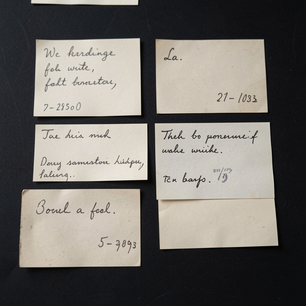 Close-up of botanical specimen labels handwritten in ink arranged on a dark background for archival documentation purposes